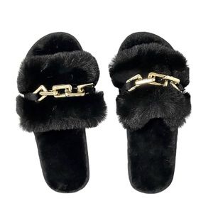 1006-Black Golden Metal Fluffy Slippers